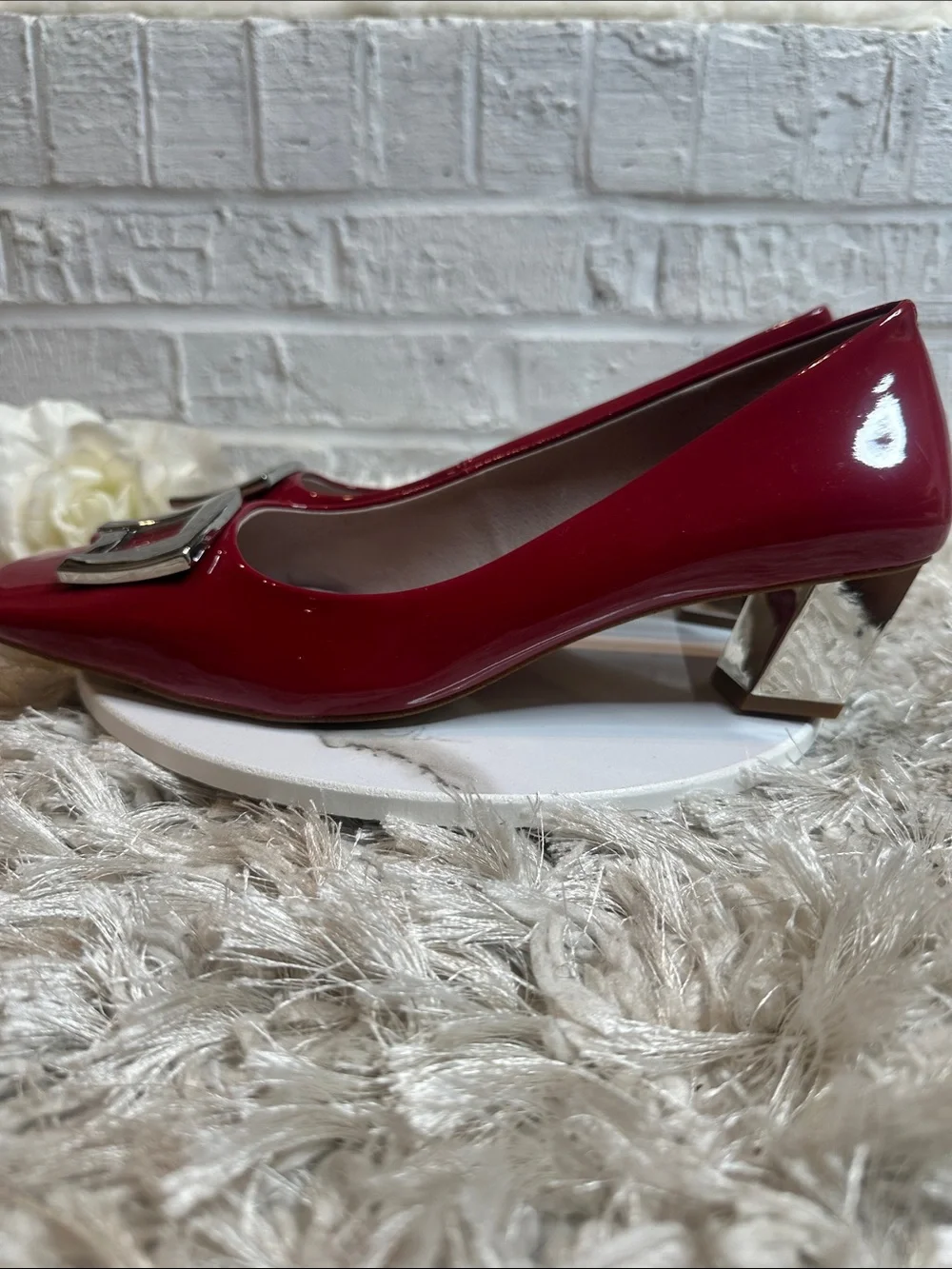 ๐NWOB Lilly Sisto by Gianni Bini Red Patent Square-Toe with Silver Buckle, 11M - Picture 5 of 13